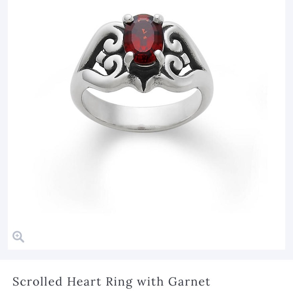 James Avery scrolled heart ring with garnet